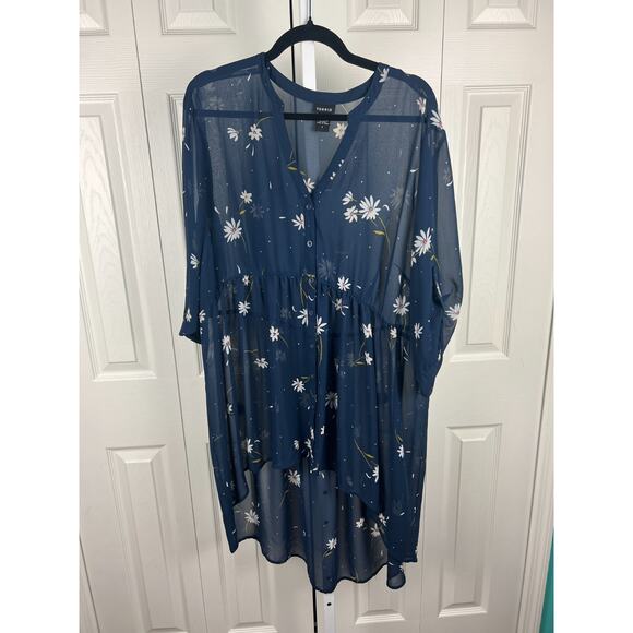 Torrid Size 2 2X 18/20 Blue Chiffon White Daisy Floral Hi-Low 3/4 Sleeve Blouse - Picture 8 of 9